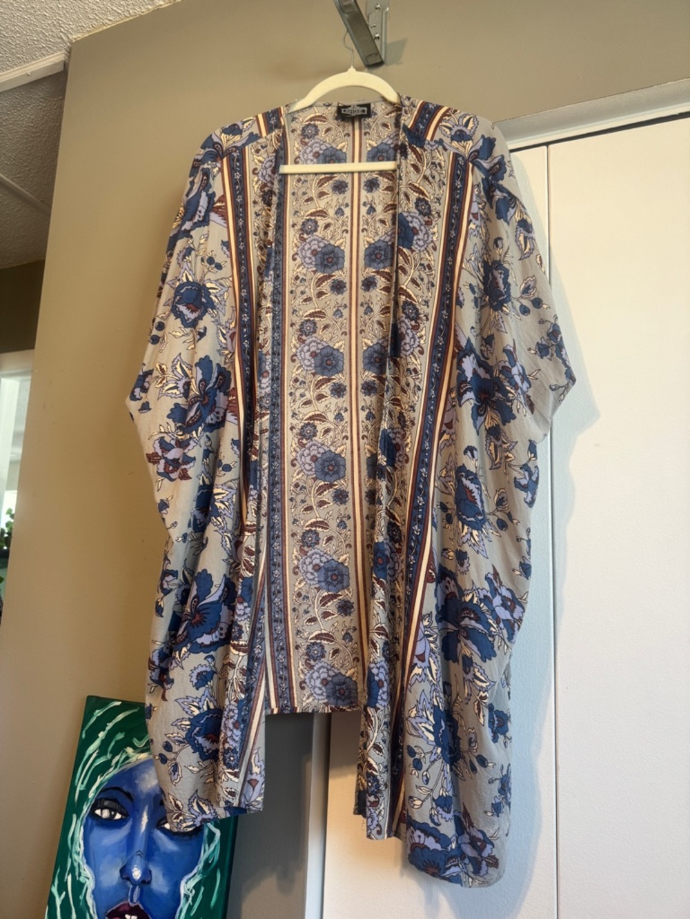 Angie Lagenlook Floral Kimono Cardigan One Size Fits Most Blue Rayon